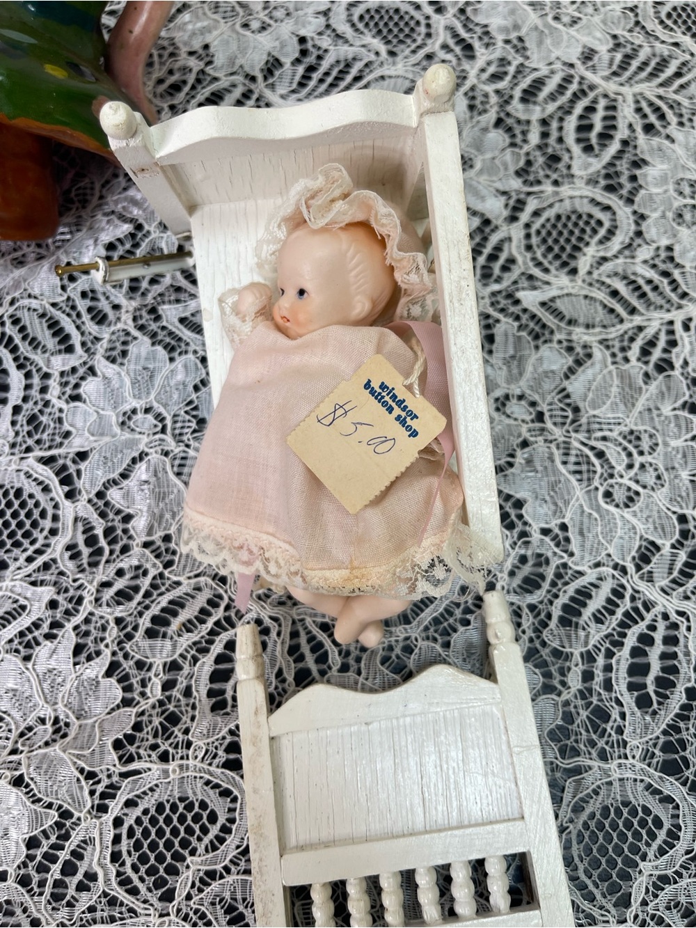 Vintage Russ Berrie Porcelain Miniature Baby Doll Gown Bonnet & Wooden Bassinet
